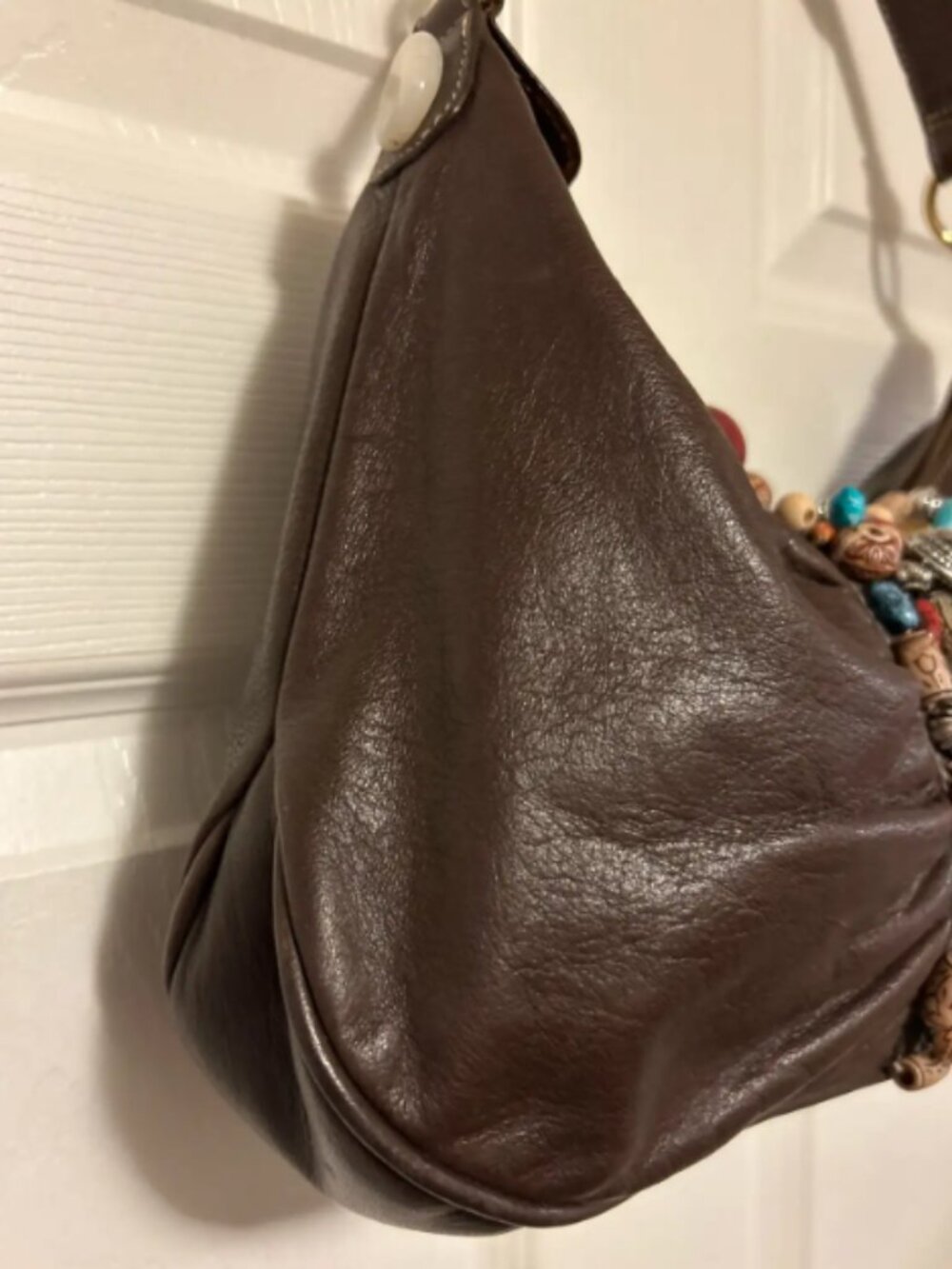 Brown leather boho style handbag with stones - Picture 3 of 7